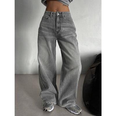 Jeans de Pierna Ancha Lavados Gris Humo Retro Streetwear Americano para Mujer Otoño e Invierno Versátiles de Cintura Alta Holgados de Pierna Ancha hasta el Suelo