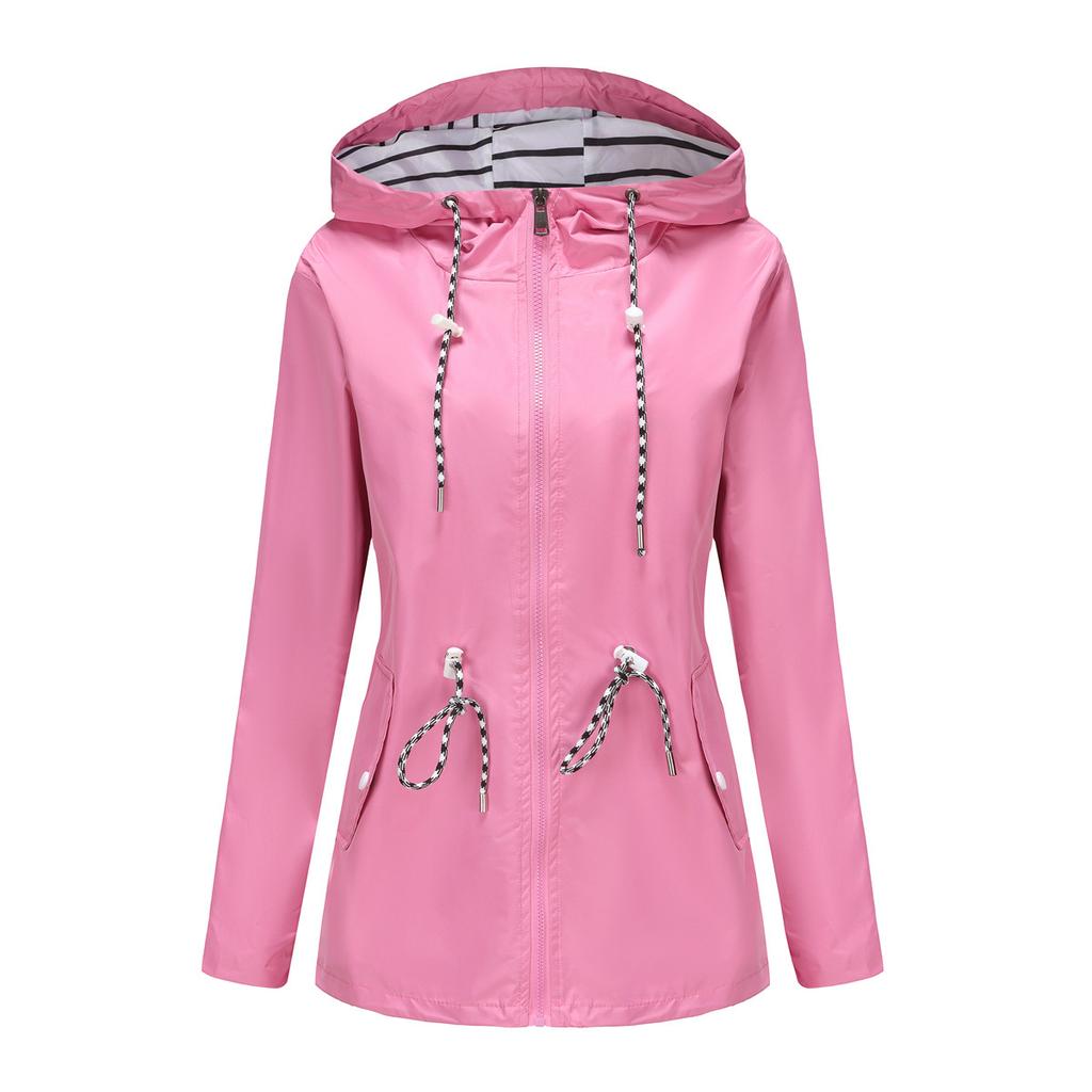 Women's Long Sleeve Hooded Jacket Drawstring Loose Fit Casual Windbreaker Raincoat Outerwear