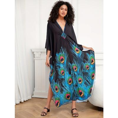 Women's Boho Cover Up, Plus Size Peacock Feather Print Braided Detail V Neck Batwing Sleeve Maxi Beach Kaftan Dress