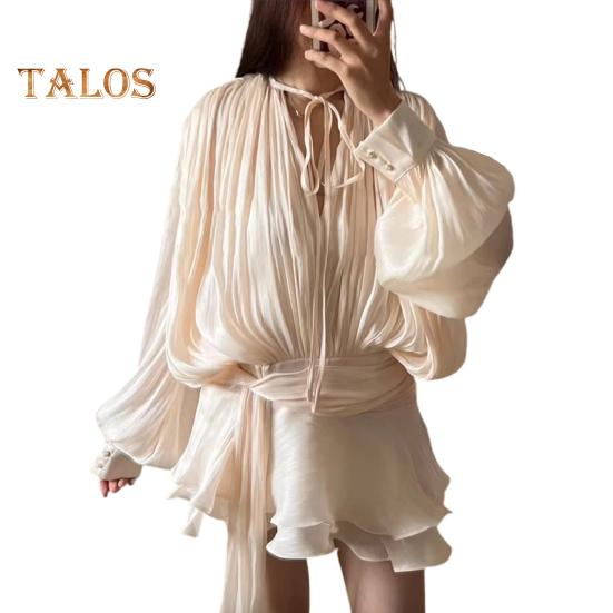 

Женское мини-платье с оборками и V-образным вырезом, длинными рукавами, со шнуровкой и шортами, летнее плиссированное короткое платье M абрикосовый