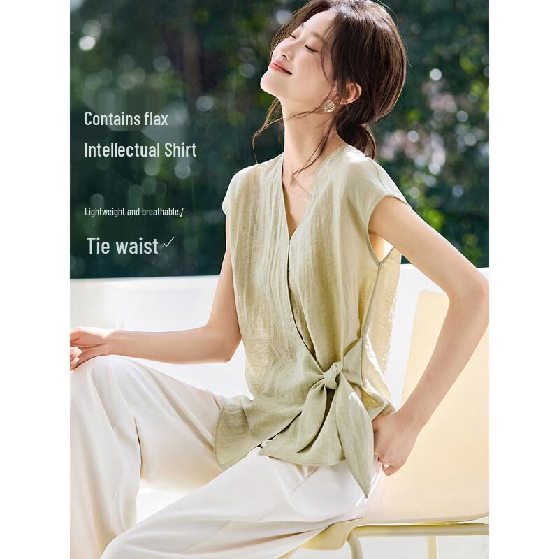 Linen Blend V-Neck Tie-Waist Cap Sleeve Blouse