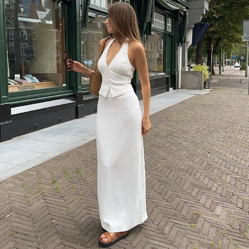

Sexy V-neck Hanging Neck Slit Skirt SETV Collar Halterneck Slit Skirt Suit A L