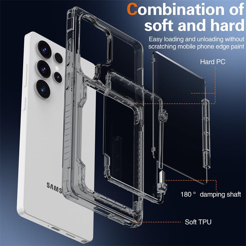 Samsung Galaxy S25 Ultra Transparent Flip Phone Case with Card Holder and Drop-proof Protection.
