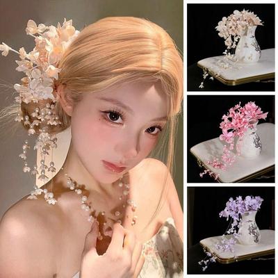 New Chinese Style Flower Hairpin Pearl Luxury Tassel Side Clip Side Clip Wedding Headdress