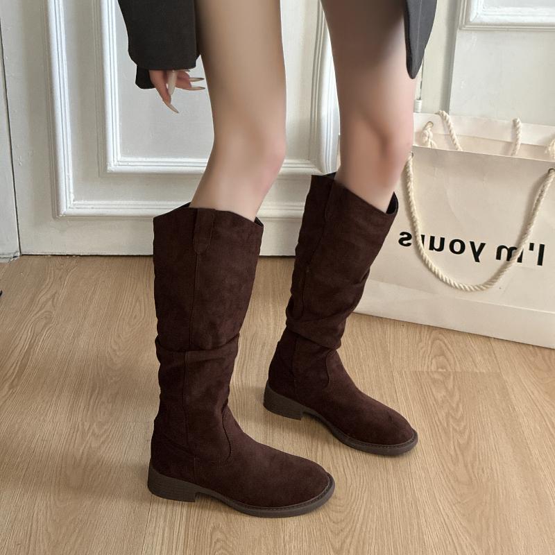 Autumn Winter Low Heel Women Western Cowboy Boots Fashion Soft Pleated Shoes Female Vintage Slip On Long Booties