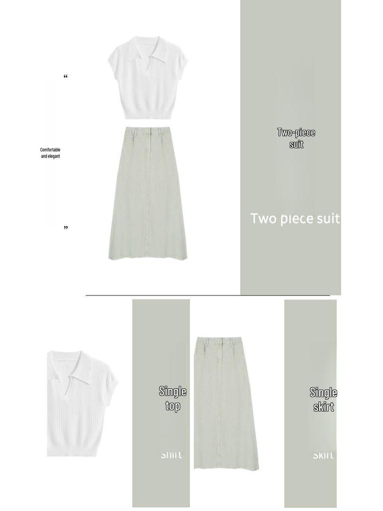 Korean Style Polo Collar T-Shirt & High-Waist Long Skirt Summer Outfit Set