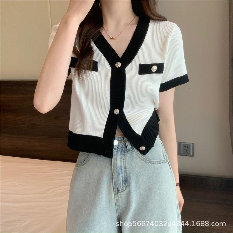 

Женский летний вязаный кардиган с V-образным вырезом - модная укороченная футболка Ice Silk с высокой талией One Size [fits 75-120 lbs] белый