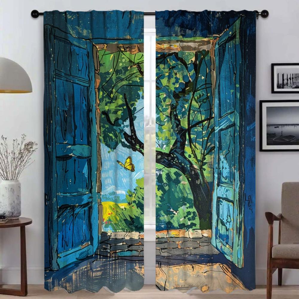 Modré okenní protihmyzové závěsy 2 kusy Dělící domácí interiérové závěsy pro pokoj s kamerou Závěs do obývacího pokoje Halloweenská dekorace