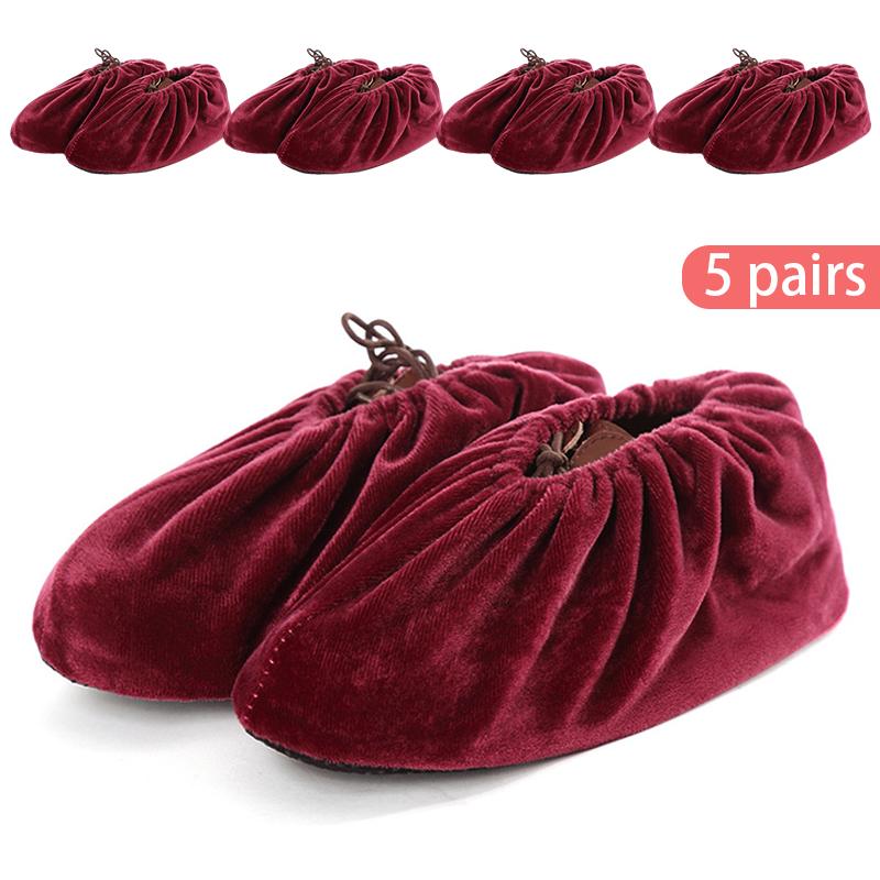 5 Pair Reusable Velvet Fabric Shoe Covers Non-slip Adult Washable Keep Floor Carpet Cleaning Indoor Outdoor Shoe Protector Cover