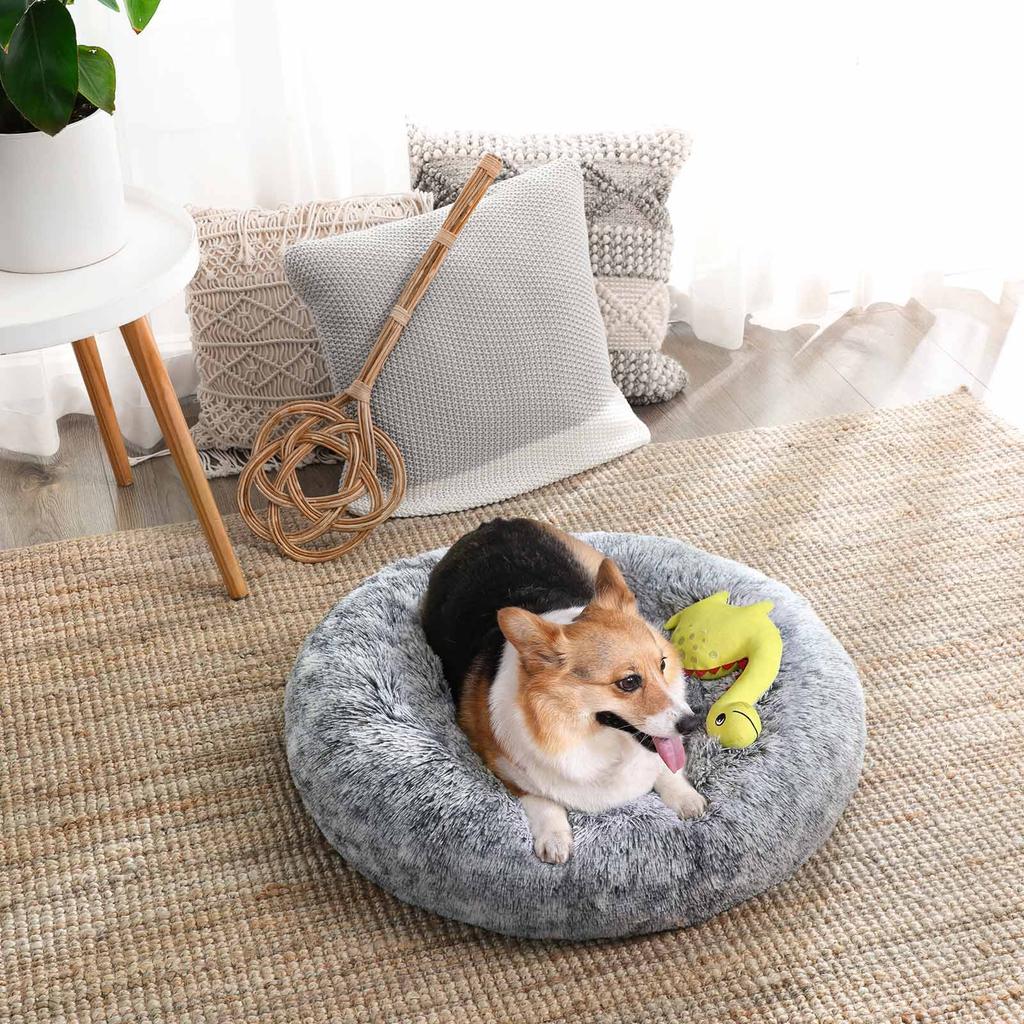 FEANDREA Dog Bed, Donut Cat Bed, Fluffy Calming Pet Bed with Removable, Washable Cover, Soft Long Plush, 70 cm, Grey