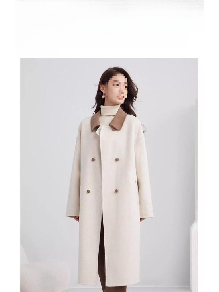 Women's Mid-Length Beige Wool Coat - Elegant French Casual Loose Fit, Petite Plus-Size, Thickened Winter Outerwear 2025.