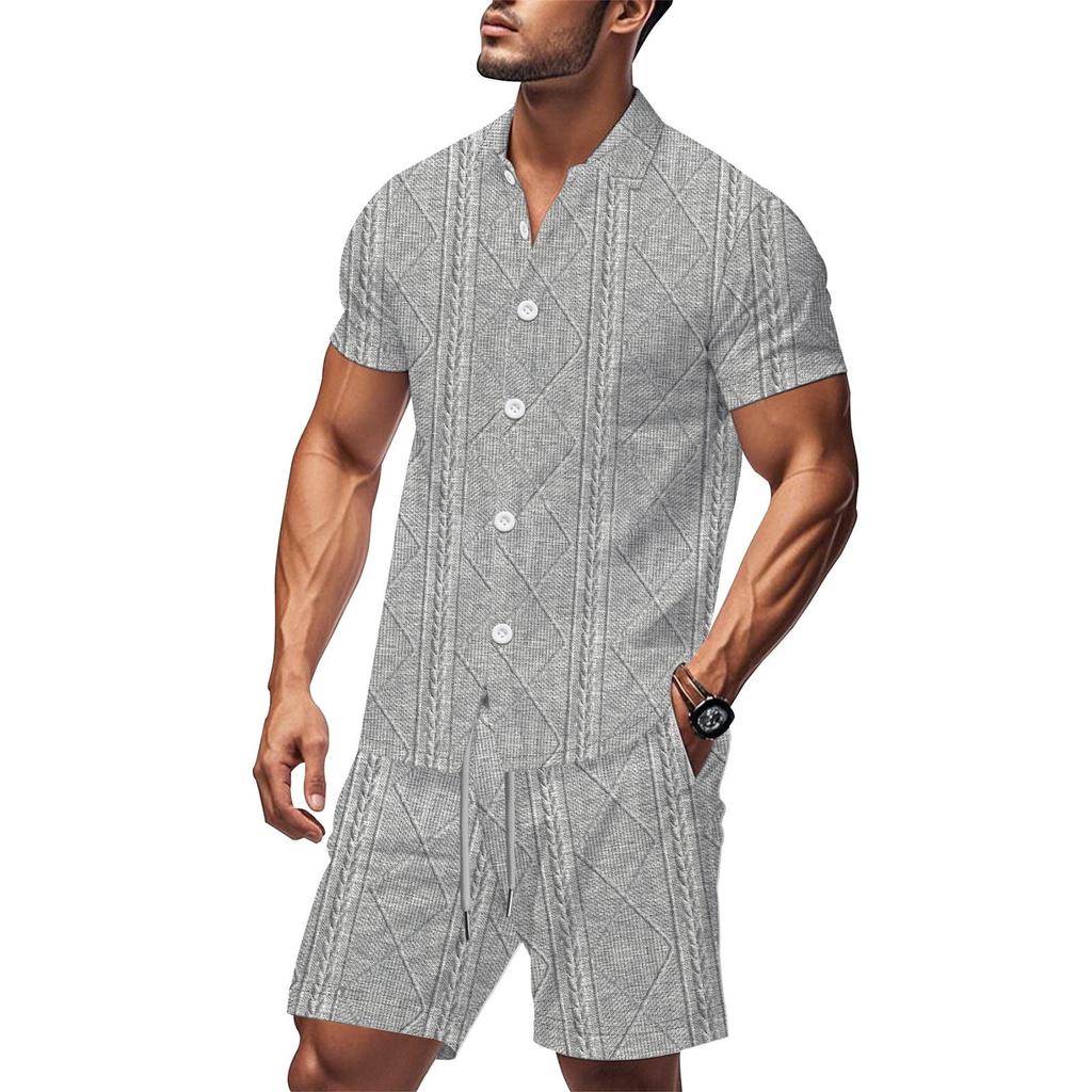 Men's Summer Solid Color Breathable Loose Button Short Sleeve Shirt Shorts Set