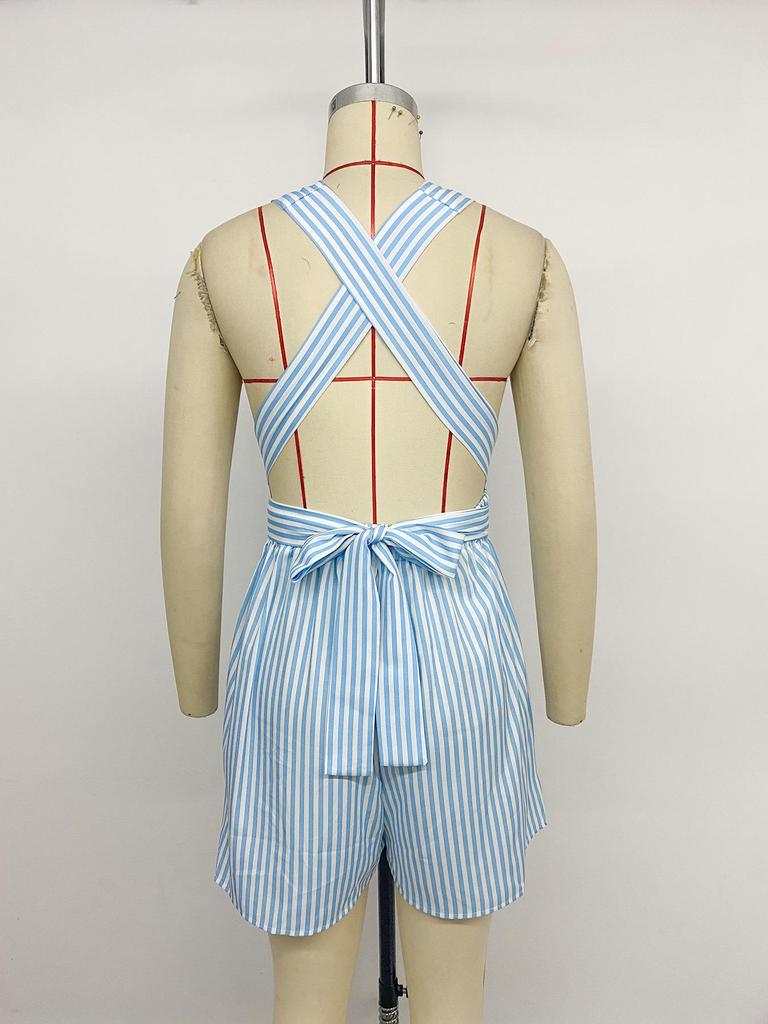 2026 Summer Resort Striped Cross-Backless Jumpsuit