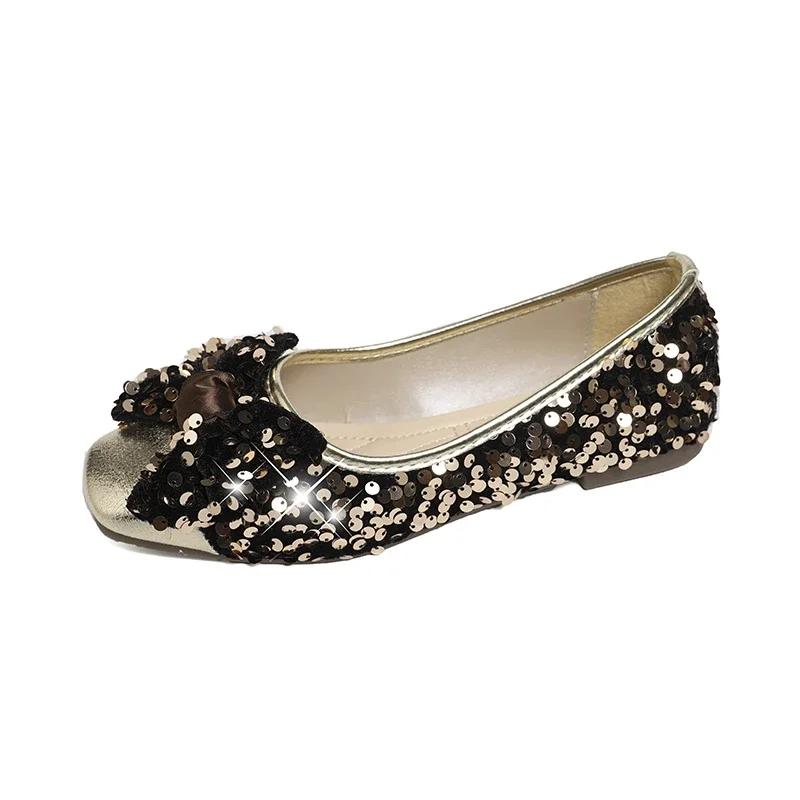 Women's Fashion Mary Jane Shoes Fall New Square Head Light Cut Sequin Butterfly-knot Soft Soled Flats