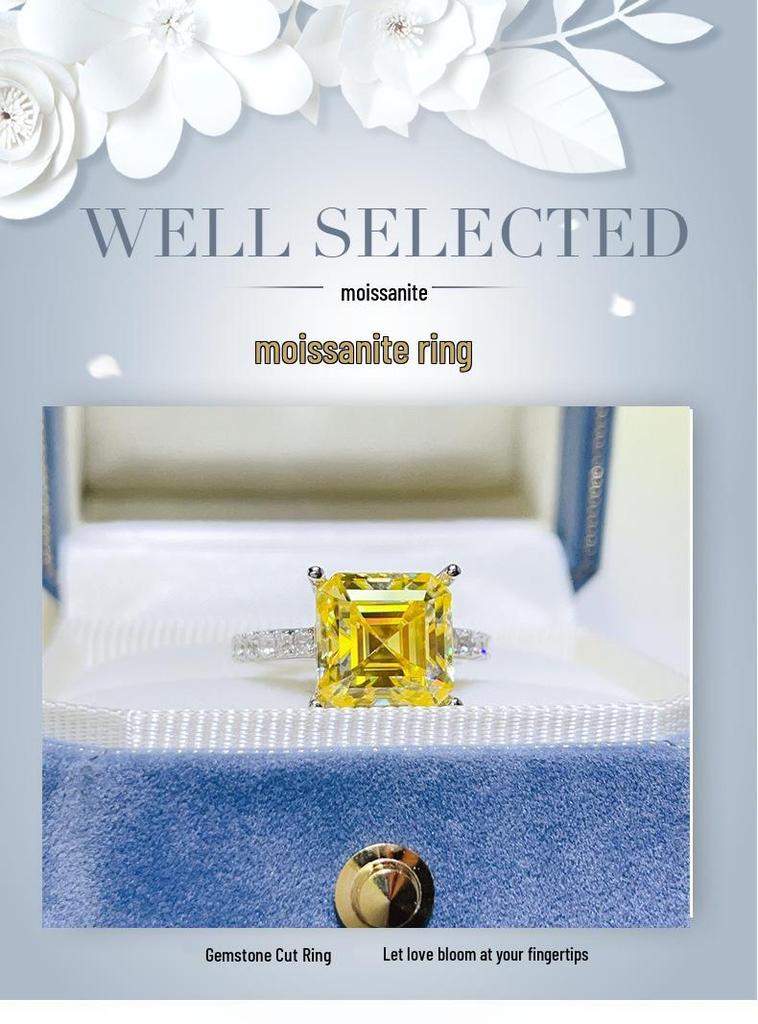 Yellow Moissanite Micro-Pavé Square Ring - Stylish Women's European American Cross-Border Bestseller