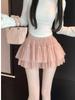 Pink Floral Ballet-Style A-Line Midi Skirt: Slimming, Puffy Mesh Design for Women, Spring/Summer, Versatile Korean Fashion.