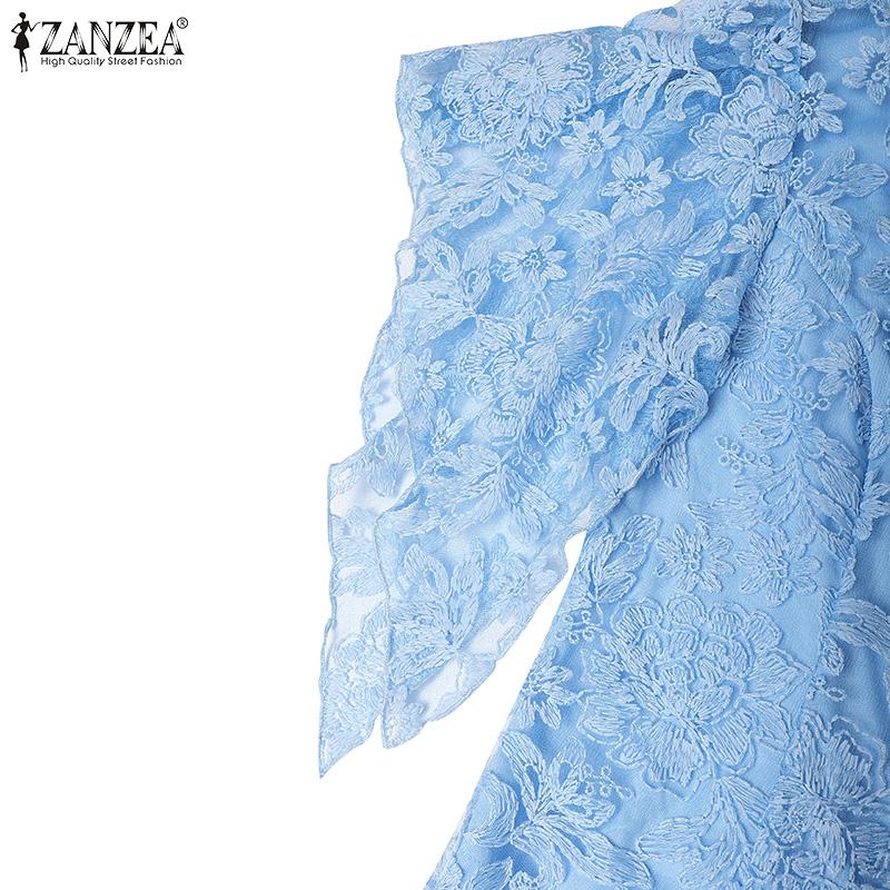 ZANZEA Women Casual Round Neck Ruffles Sleeve Summer Lace Blouse