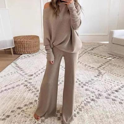 Fashion Long-sleeved Bateau Collar Top + Wide-leg Pants 2-piece Set Women Elegant Autumn Solid Color Knitted Loose Suit Female