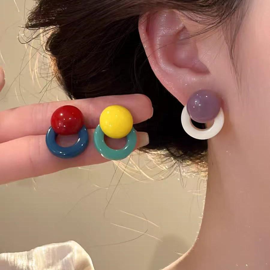 Korean Style Geometric Resin Color Block Stud Earrings - Women's Light Luxury Round Hoops Jewelry