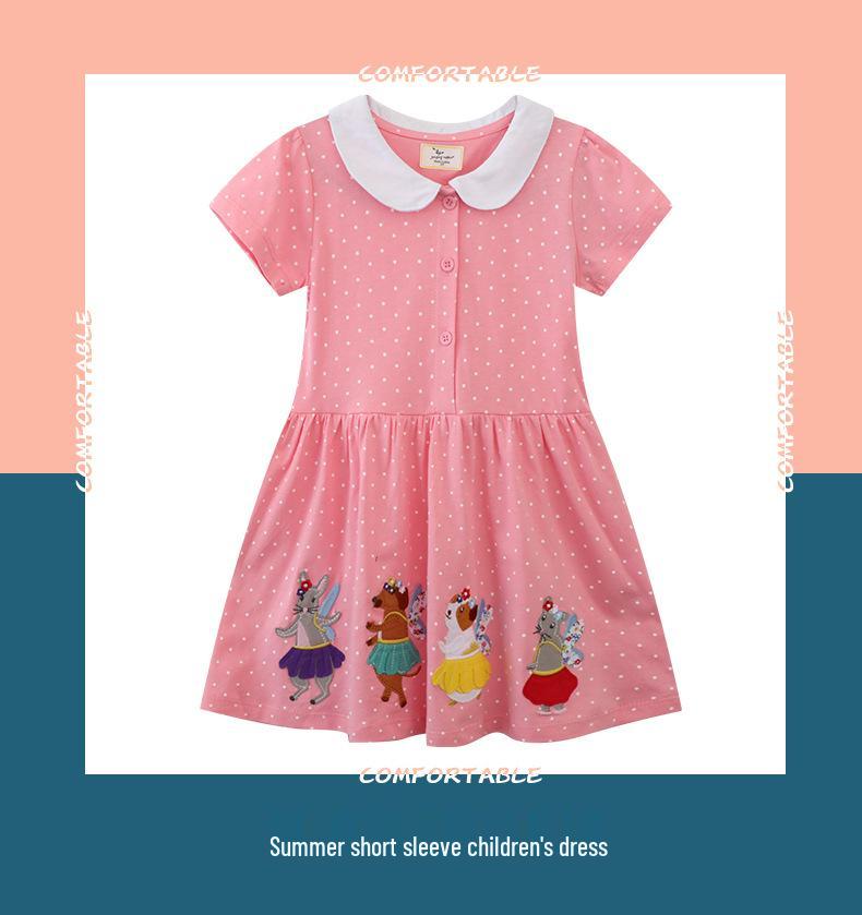 Classic Lotus Leaf Collar Girls' Spring/Summer Dress: Short Sleeve Jumpsuit with Stylish Animal Embroidery.