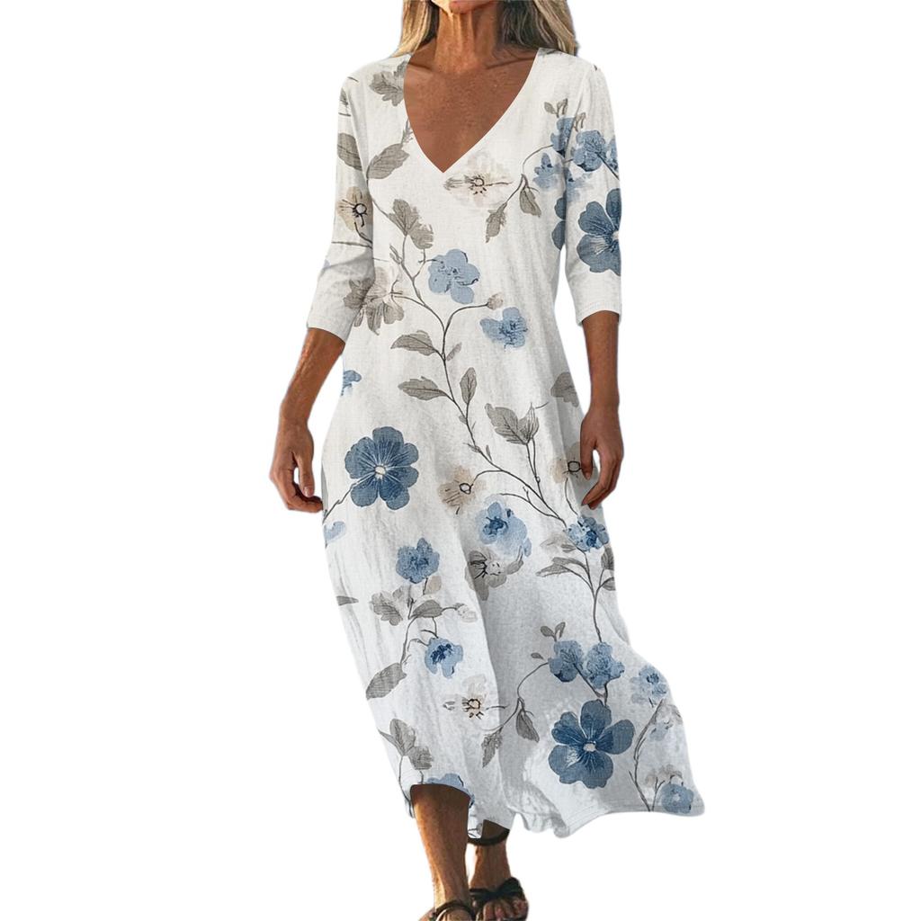 Abiti Da Donna Tunichetta Stampa Vintage Con Cintura Abito Midi Estivo Casual Manica 3/4