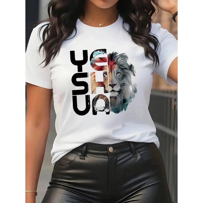 European Size Casual Short-Sleeved T-Shirt for Women Featuring a Lion Graphic - Stylish And Comfy Top for Daily Use. S белый