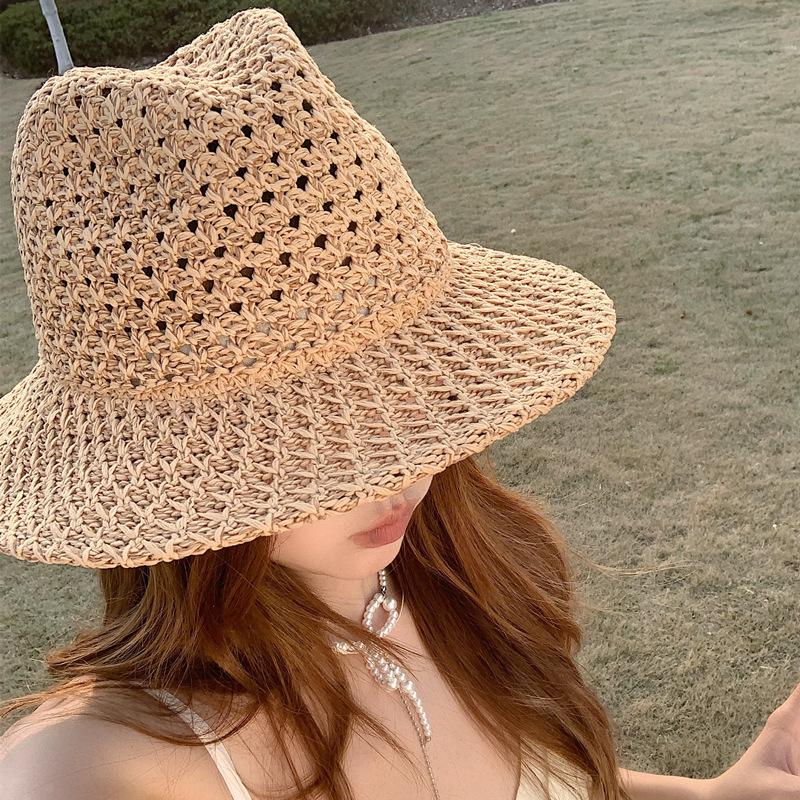 Summer Women Hollowing Out Straw Hat Outdoor Seaside Vacation Visor Cap Casual Shade Panama Sun Hats Fashion Jazz Top Beach Hat