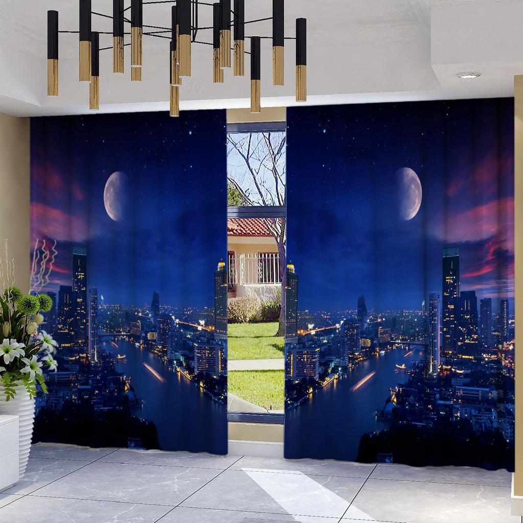 Urban Landscape 3D Digital Printing Polyester Black Silk Full Blackout Curtain Cloth Map