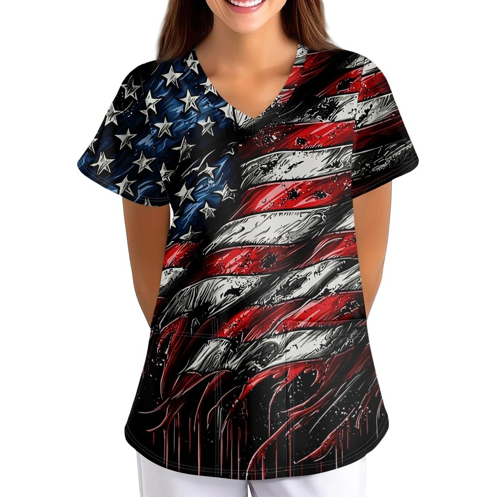 Women's Patriotic Print V-Neck Short Sleeve Scrub Top with Pockets Loose Fit