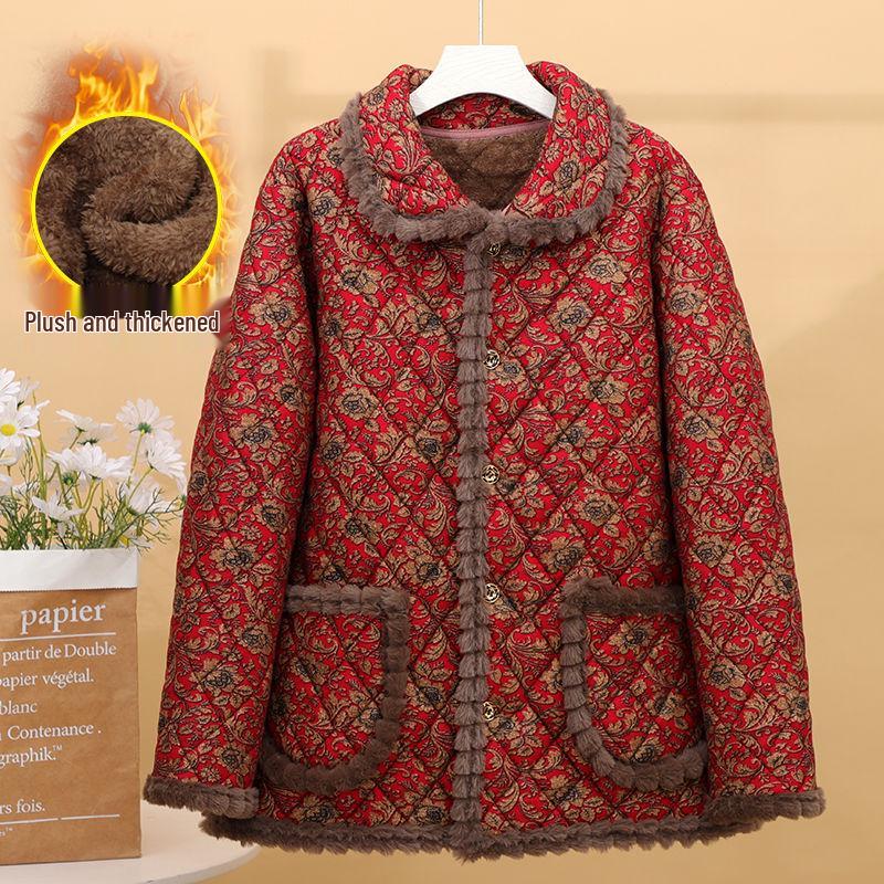 

2025 New Style Floral Lapel Plus Velvet Warm Cotton Jacket for Middle-Aged and Elderly Women, Loose and Thick Outerwear for Autumn and Winter 3XL (90-115 jin)