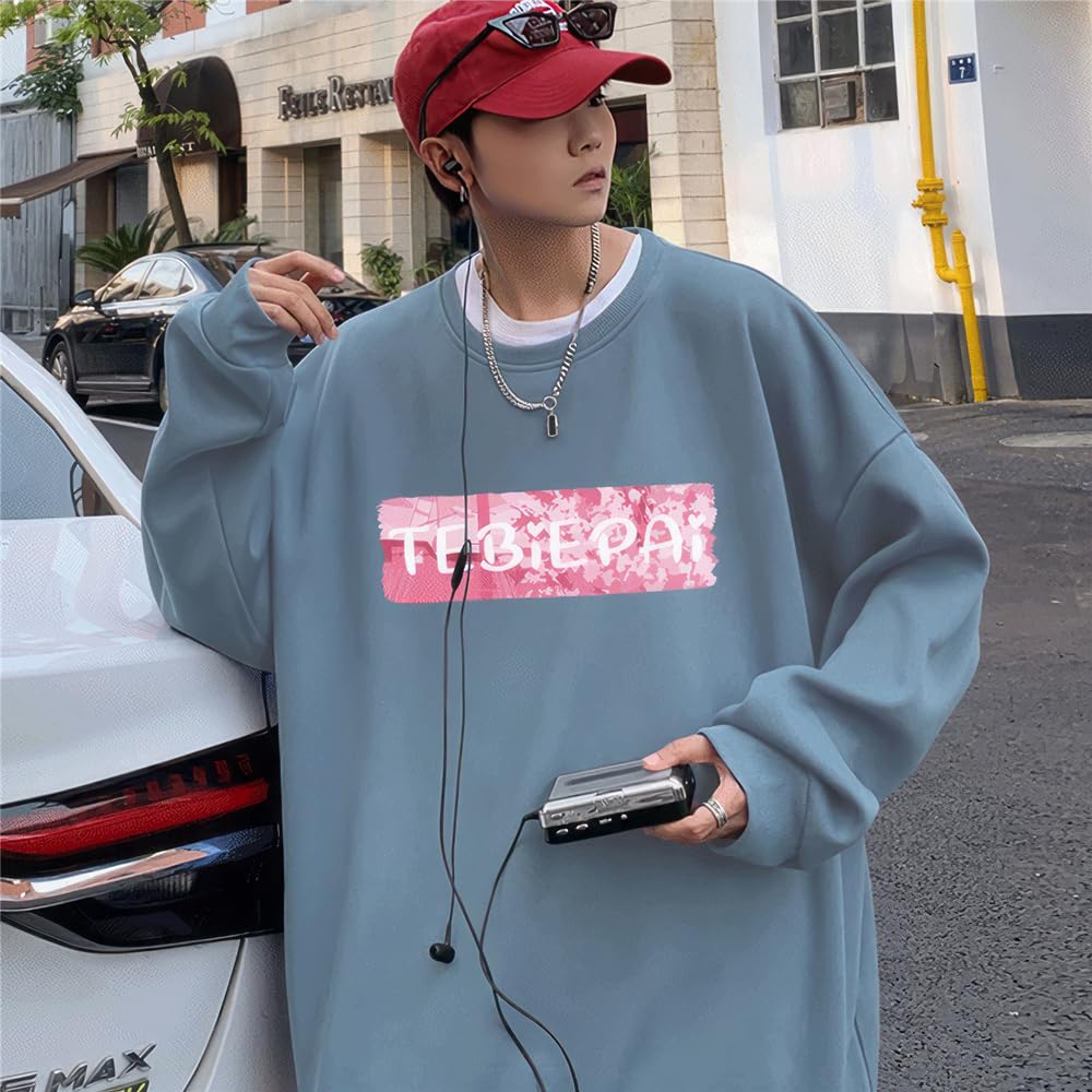 Aaronlive Round Collar Long Sleeve Plus Cute Bear Popular Pullover Loose Size Blue Men's Hoodie, Sizes, Print, Sweatshirt, Casual, Comfortable, Fit,