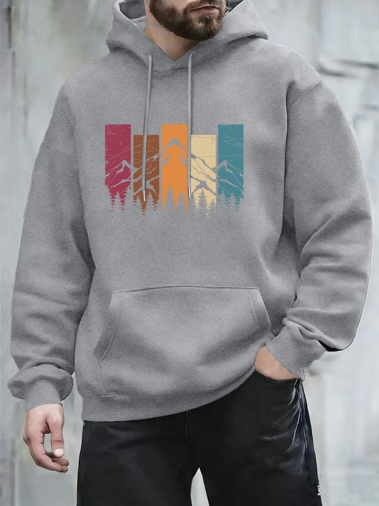 Soft fleece hoodie sweatshirt with colorful retro wilderness artwork for men daily wear and casual short‑trip outings