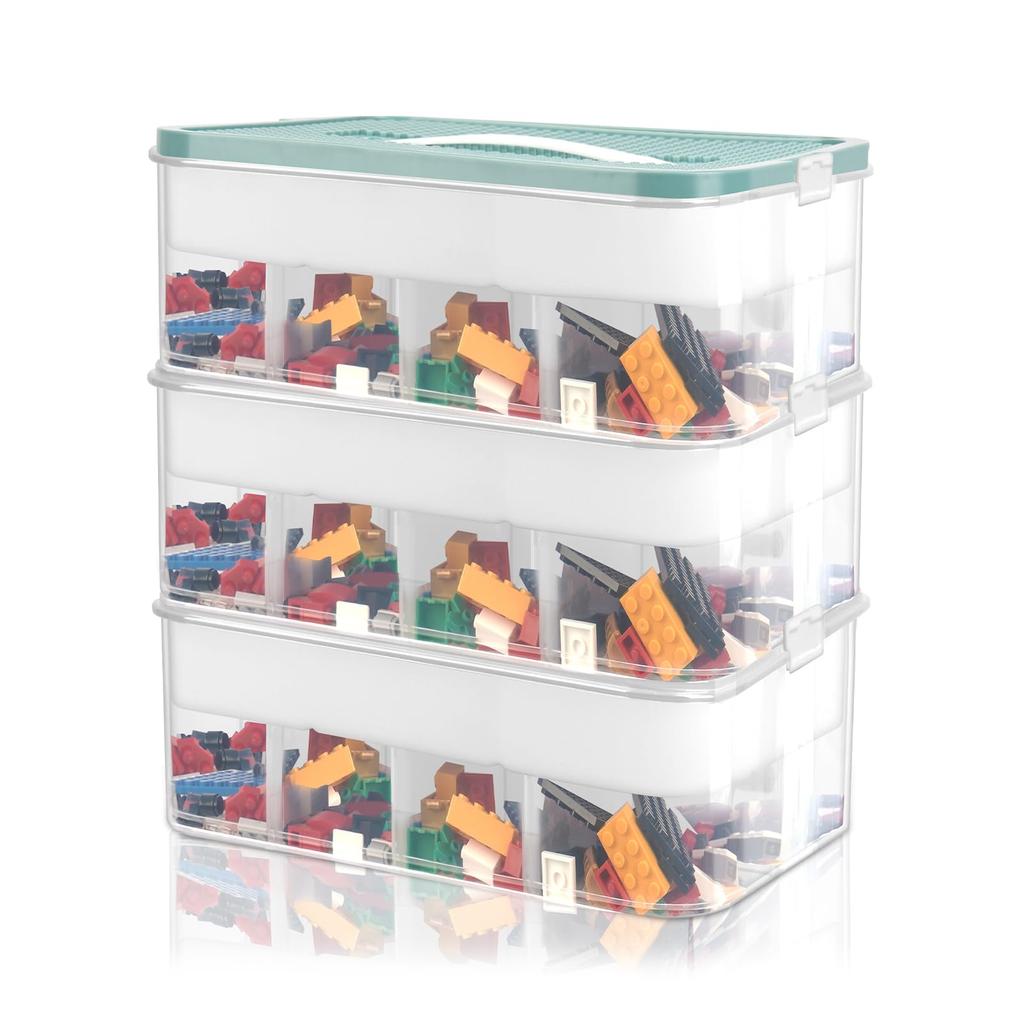 LAMPTOP Toy Storage Box with Lid for Lego, Duplo, and Toys, 3-Tier Stackable Plastic Storage Box for Kids, Transparent, Organized (Green)