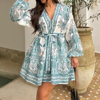 New Women's Elegant and Fashionable V-neck Loose Lace-up Waist Dress