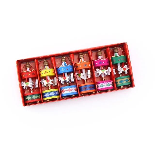 Christmas Wooden Carousel Horse Miniature Ornaments Christmas Tree Hanging Pendants New Year Gift Toy For Kid Home Party Decor
