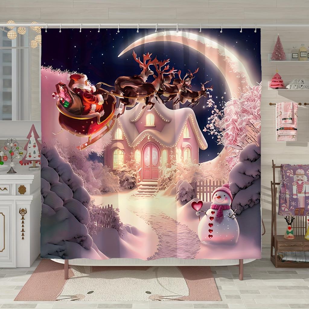 Santa Claus Reindeer Carriage House Night Pink Shower Curtain, Christmas Fantasy Polyester