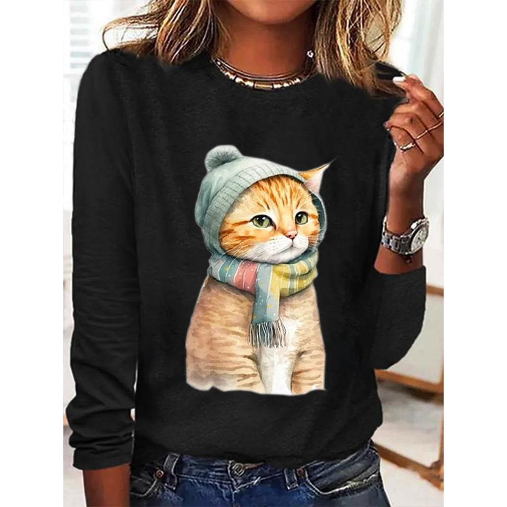 Rundhals 3D-bedrucktes Katzenmuster Top Modische Lässige Langarm Damen T-Shirts