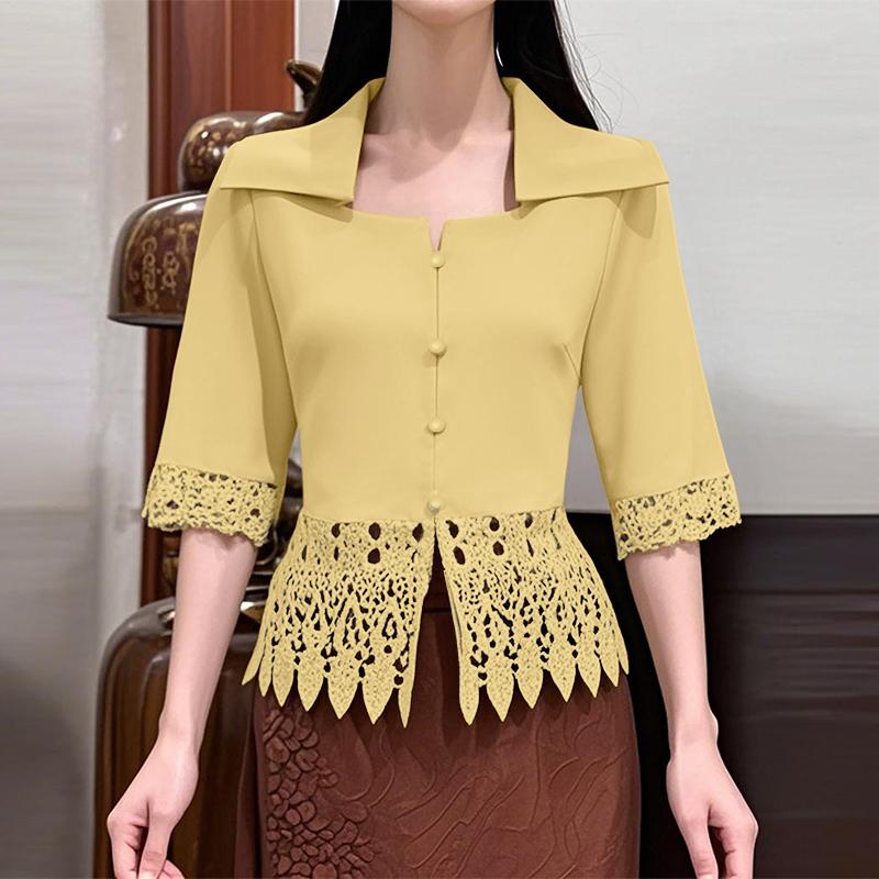ZANZEA Women Elegant Shirt Collar 3/4 Sleeve Crochet Lace Patchwork Blouse