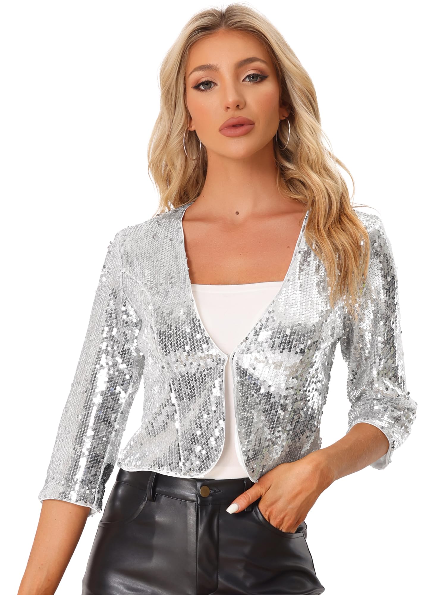 

Allegra K Women s Silver Sequined Blazer Jacket, Short, Shrug, 3/4 Sleeves, Open Front, Party, Christmas, Halloween Costume, Size L