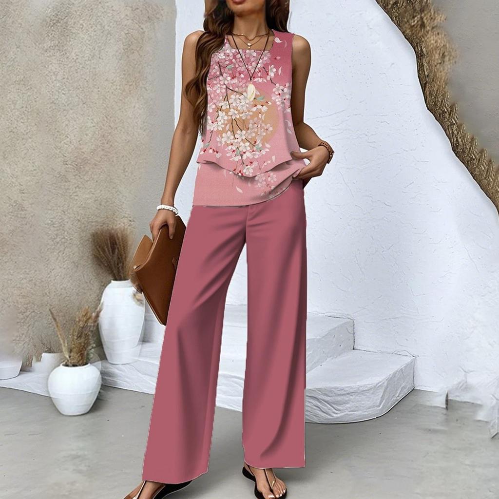 Zweiteiliges Sommer-Set für Damen, lockeres, ärmelloses, doppellagiges Westentop, lässige Hosen, Urlaubsset