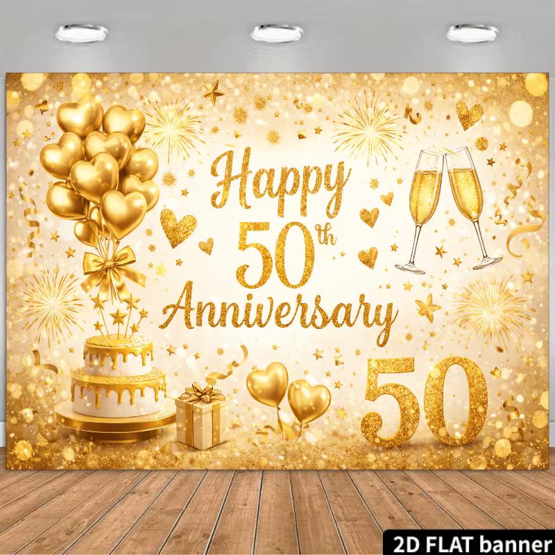 2D Gold 50th Anniversary Backdrop Happy Celebration Background 47.2x31.5inch/120*80cm