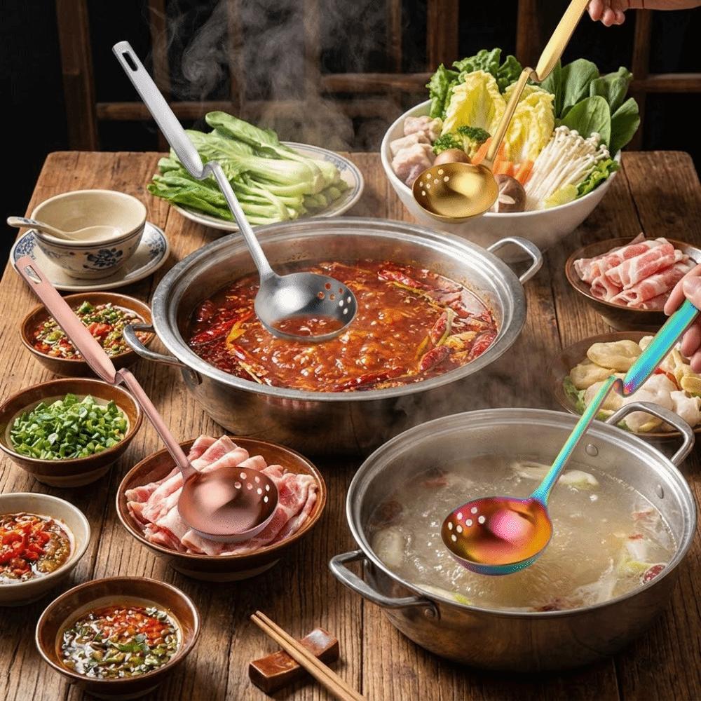 Anti Scalding Stainless Steel Soup Spoon Long Handle Oil Filter Skimmer Spoon Cooking Essential