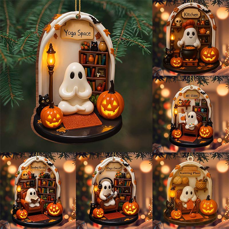 Cute Reading Ghost Halloween Ghost Ornaments 2D Flat Acrylic Pendant Halloween Hanging Home Decor