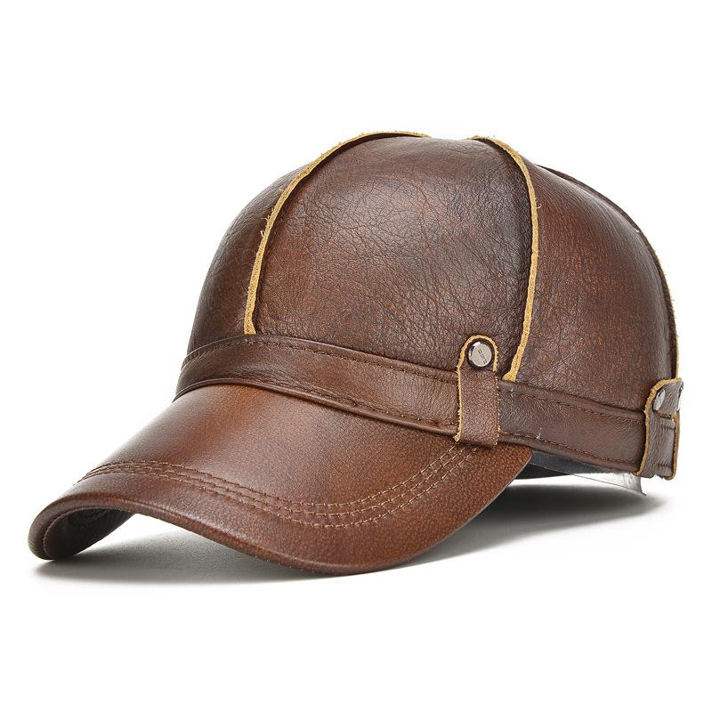 Men's Genuine Leather Baseball Caps Cowhide Snapback Hats Keep Warm Leather Cap Adjustable Size
