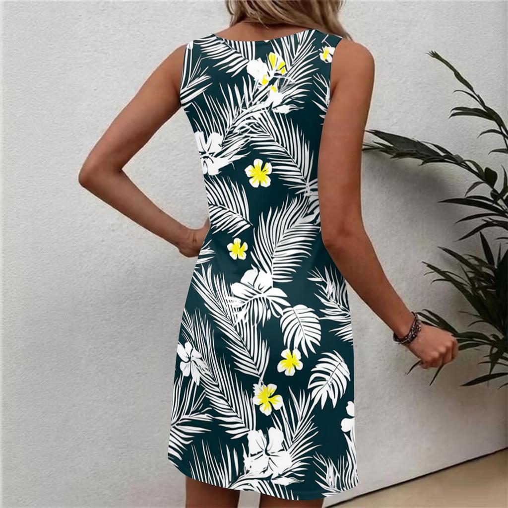 Modisches lässiges ärmelloses Damenkleid mit Rundhalsausschnitt und Blumenprint