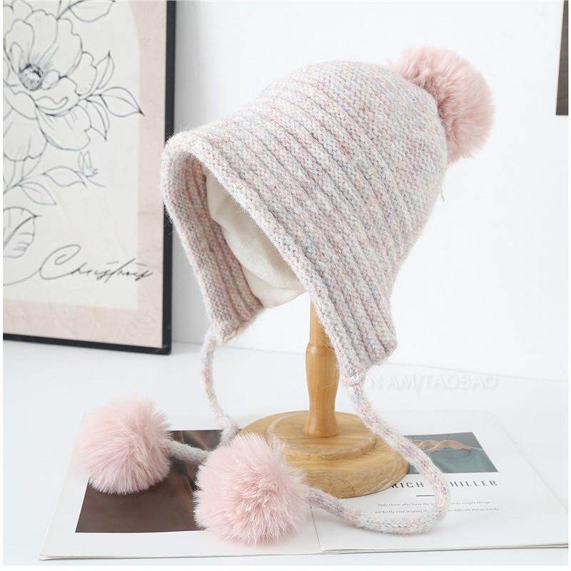 Korean Hairball Strap Solid Color Double-Layer Knitted Bomber Hat Women Simple Casual Versatile Cute Wool Pompom Beanie Cap