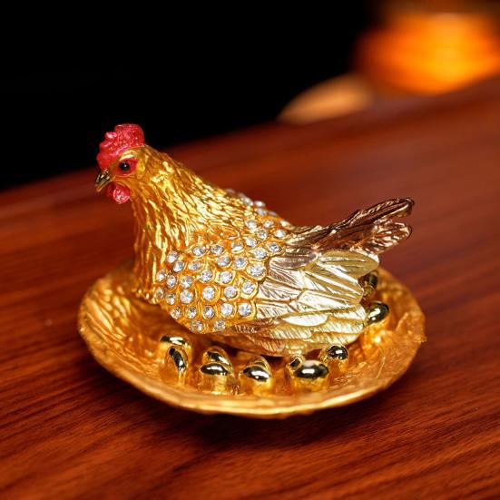 Rhinestone Chick Figurine Metal Simulated Hen Key Trinkets Jewelry Box Container Holder Home Office Desktop Decoration Ornament