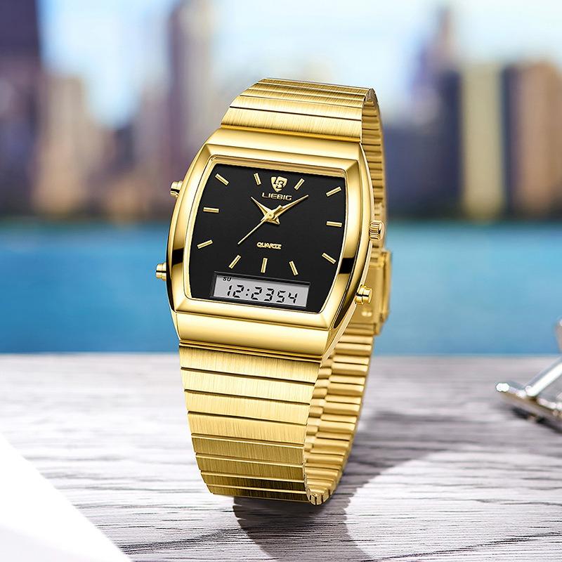 I couple watch business casual simple fine steel belt waterproof double display electronic quartz watch