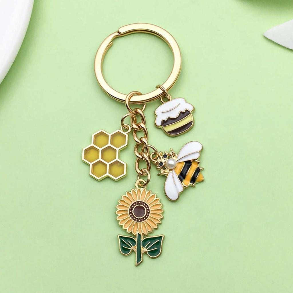 1pc Fashion Enamel Sunflower, Bee, Honey Keychain, Alloy Plant Insect Key Ring for Car Keys, Backpacks, Wallets