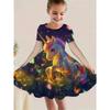 Teenage Girls' Unicorn Cartoon Dress Short Sleeve Summer Casual Round Neck Princess Dress